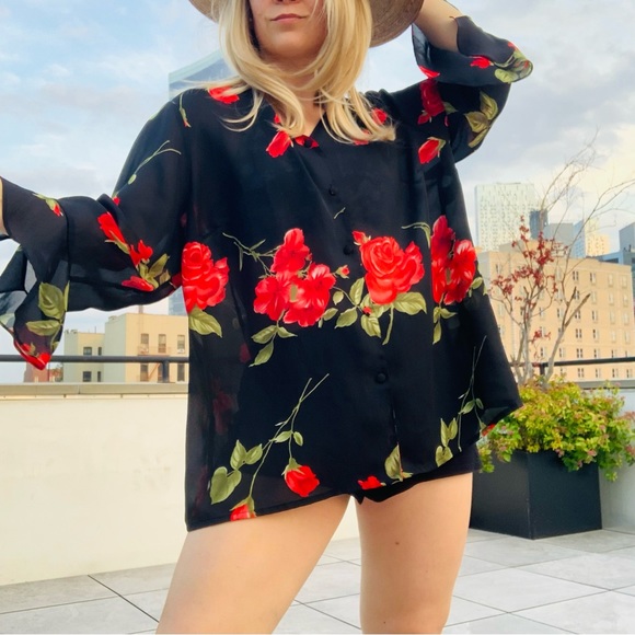 🛳 K.C.STUDIO Vintage Ruffle Long Sleeves Sheer Top Big Roses Sheer Top 22W - Picture 6 of 16